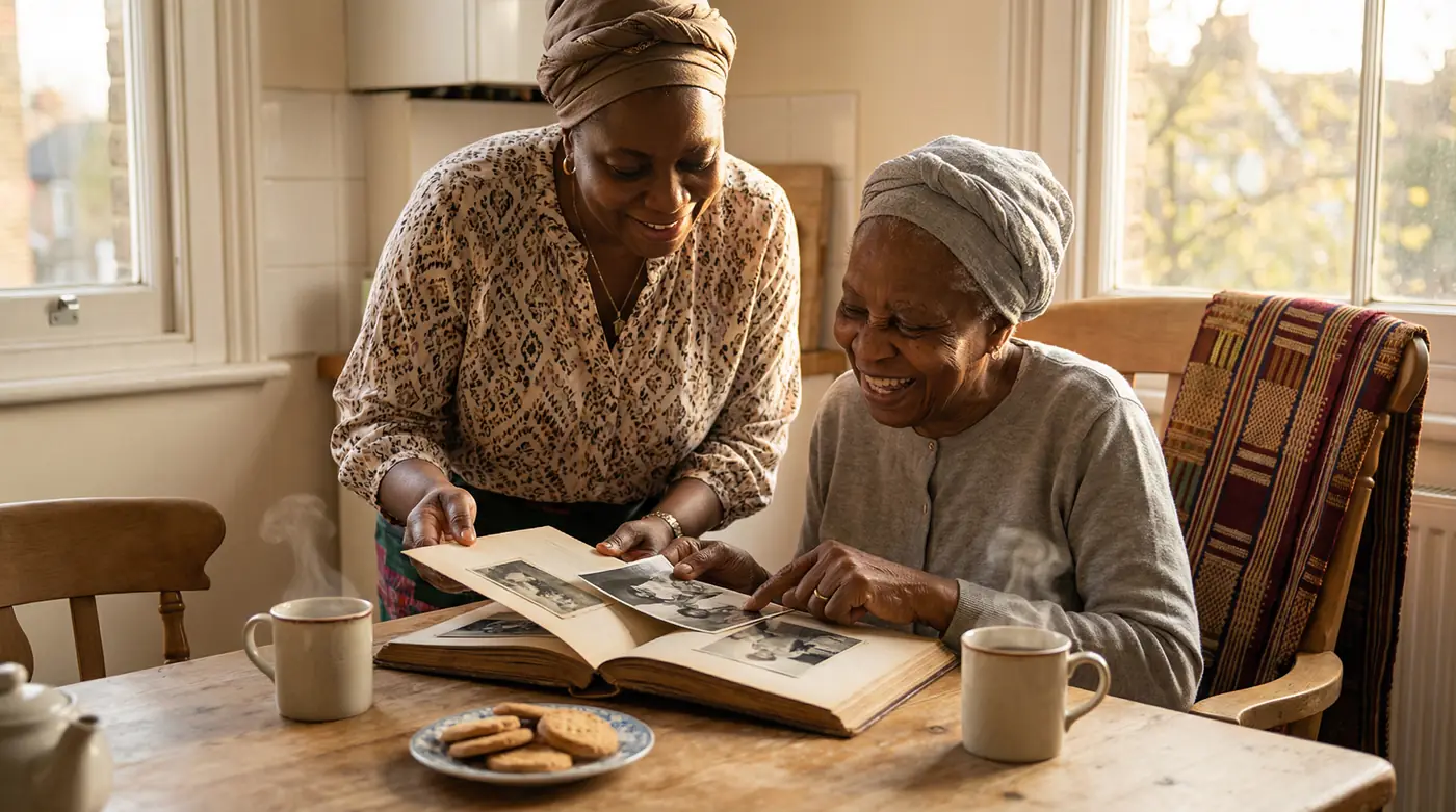 Companion and elder in warm conversation at the kitchen table, both laughing