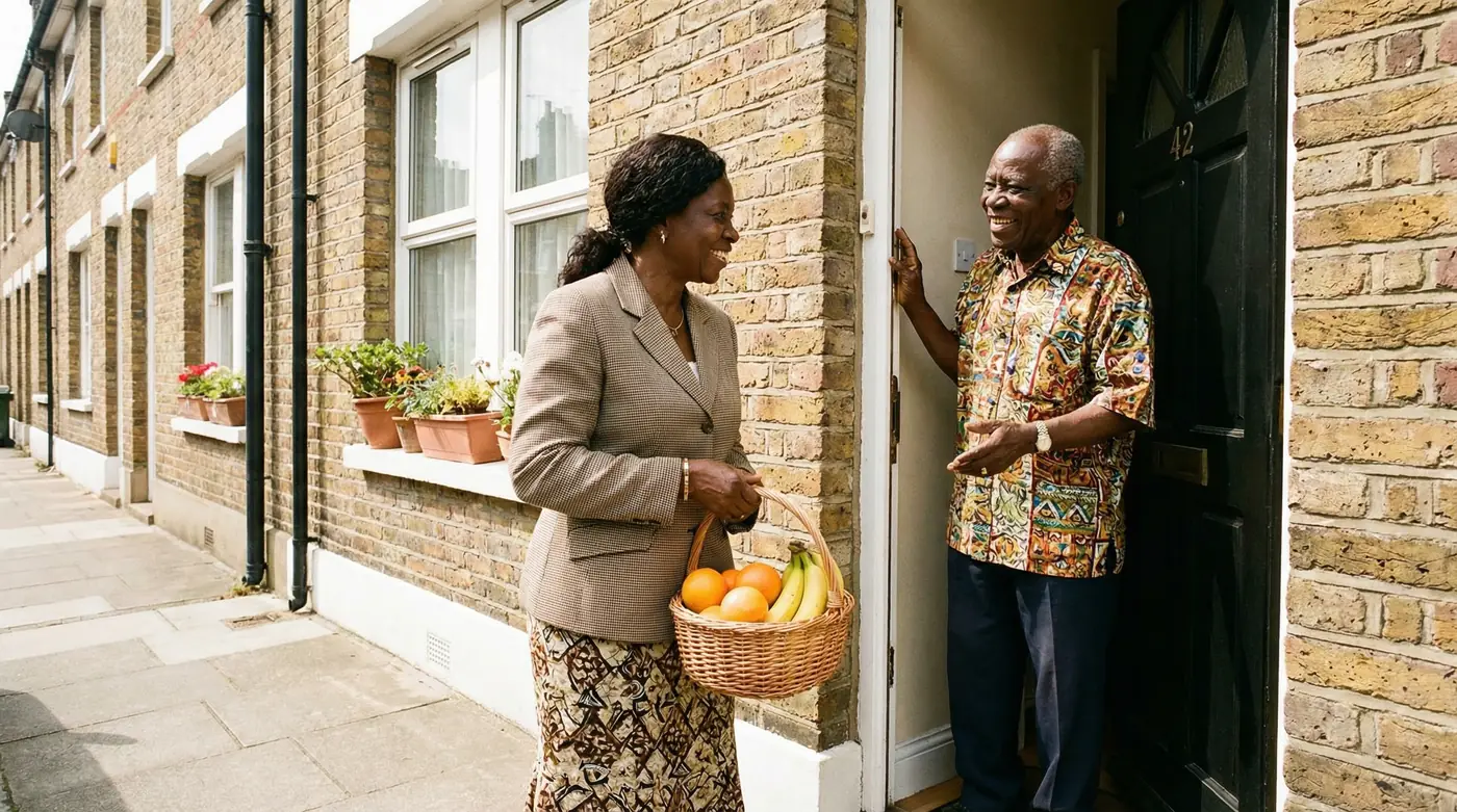 A Sawubona companion arriving at an elder's front door in London, welcomed with a warm smile