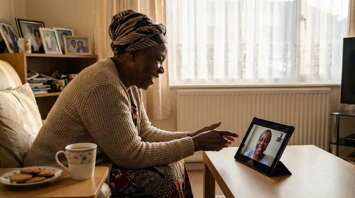Elder laughing on a video call with their companion on a tablet
